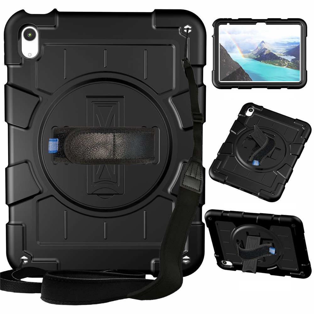 For iPad (2025) / 10.9 (2022) TPU+PC Tablet Case Rotating Hand Strap Kickstand Cover with Shoulder Strap - Black