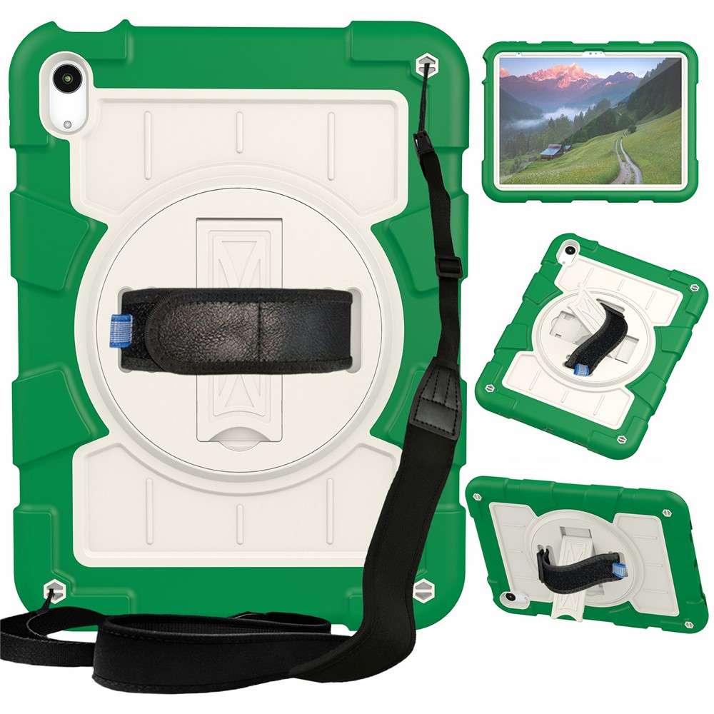 For iPad (2025) / 10.9 (2022) TPU+PC Tablet Case Rotating Hand Strap Kickstand Cover with Shoulder Strap - Green
