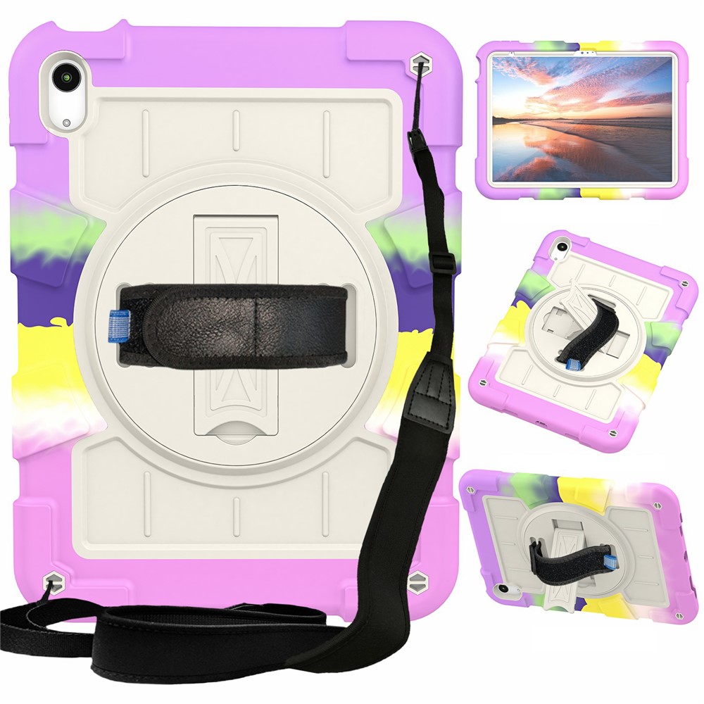 For iPad (2025) / 10.9 (2022) TPU+PC Tablet Case Rotating Hand Strap Kickstand Cover with Shoulder Strap - Colorful Purple