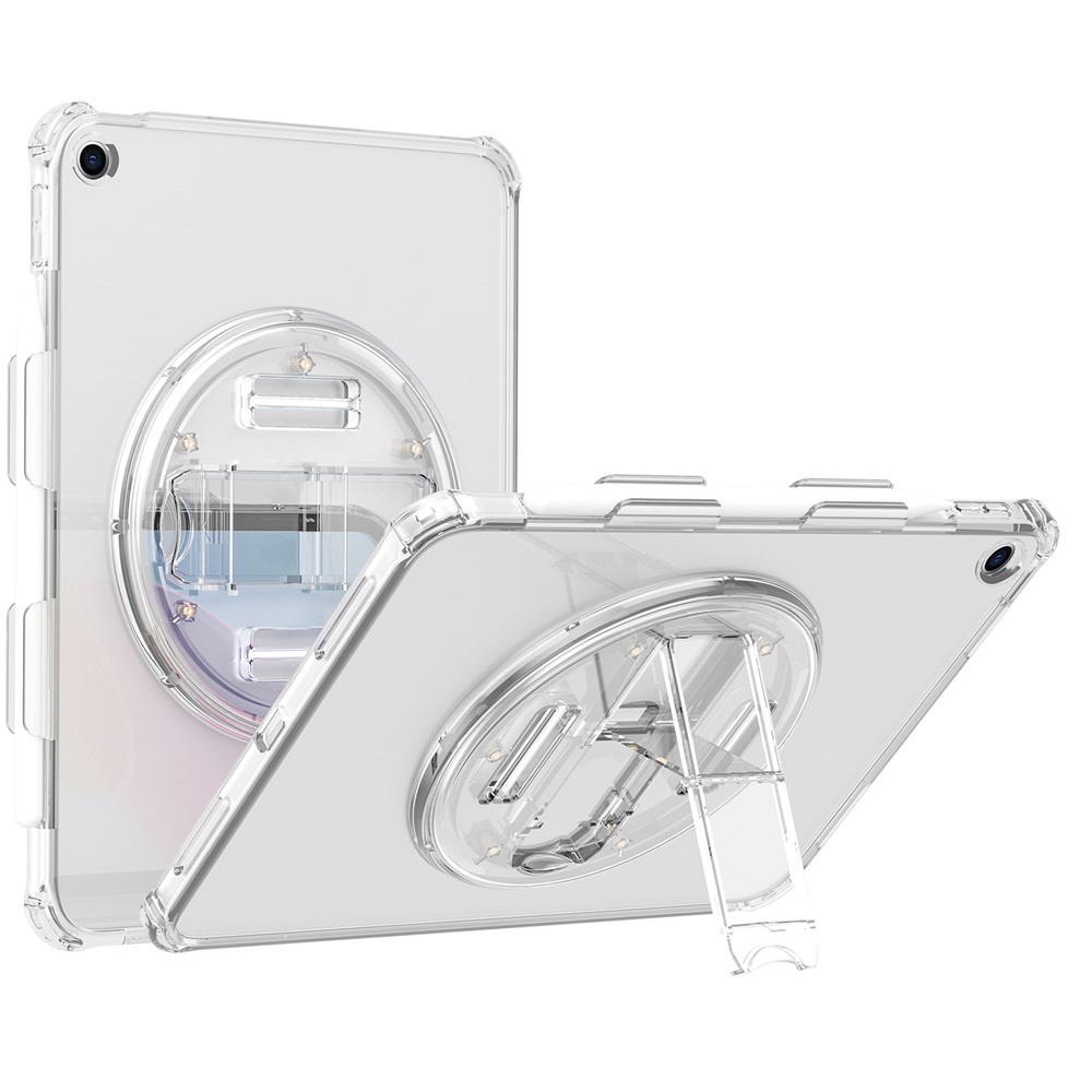 For iPad 10.2 (2021) / (2020) / (2019) Rotary Hand Strap Kickstand Tablet Case TPU+PC Tablet Cover with Shoulder Strap - Transparent White