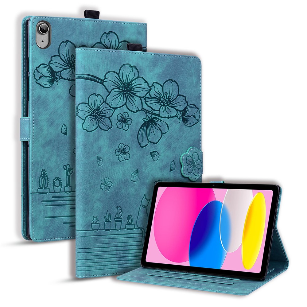 For iPad (2025) / 10.9 (2022) PU Leather Tablet Case Imprinted Flower Cat Card Holder Stand Tablet Cover - Green