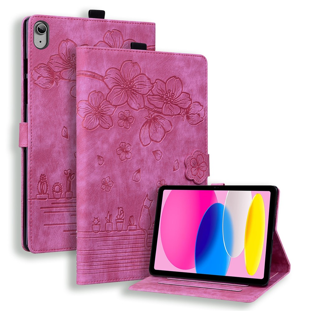 For iPad (2025) / 10.9 (2022) PU Leather Tablet Case Imprinted Flower Cat Card Holder Stand Tablet Cover - Rose