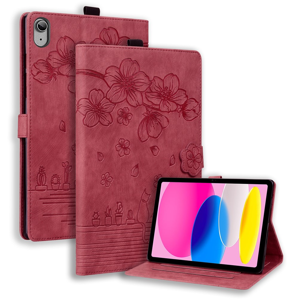 For iPad (2025) / 10.9 (2022) PU Leather Tablet Case Imprinted Flower Cat Card Holder Stand Tablet Cover - Wine Red