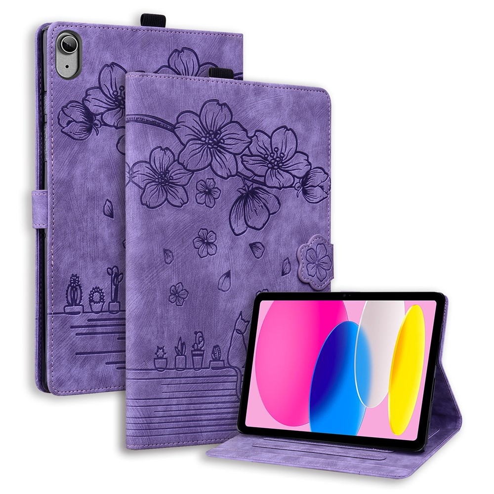 For iPad (2025) / 10.9 (2022) PU Leather Tablet Case Imprinted Flower Cat Card Holder Stand Tablet Cover - Purple