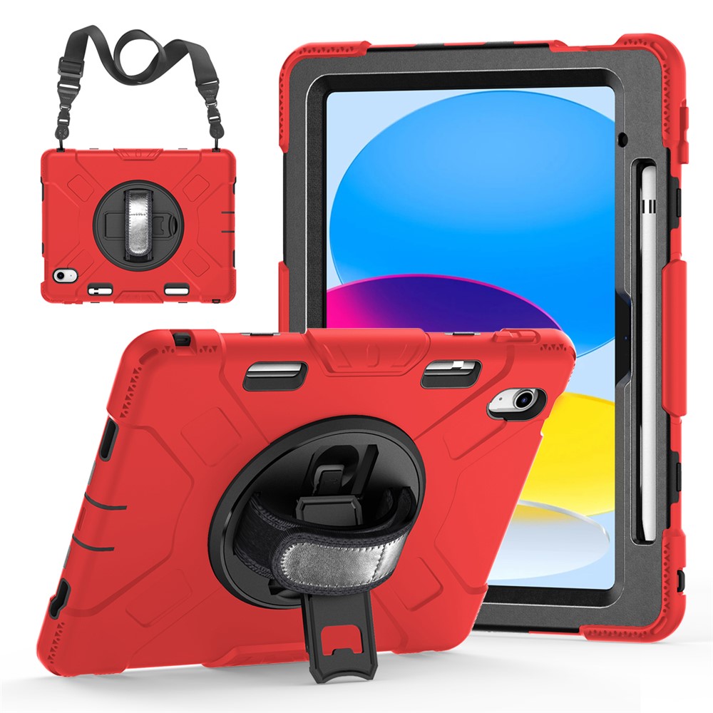For iPad (2025) / 10.9 (2022) Shockproof Kickstand Case PC+Silicone Tablet Cover with Shoulder Strap - Red