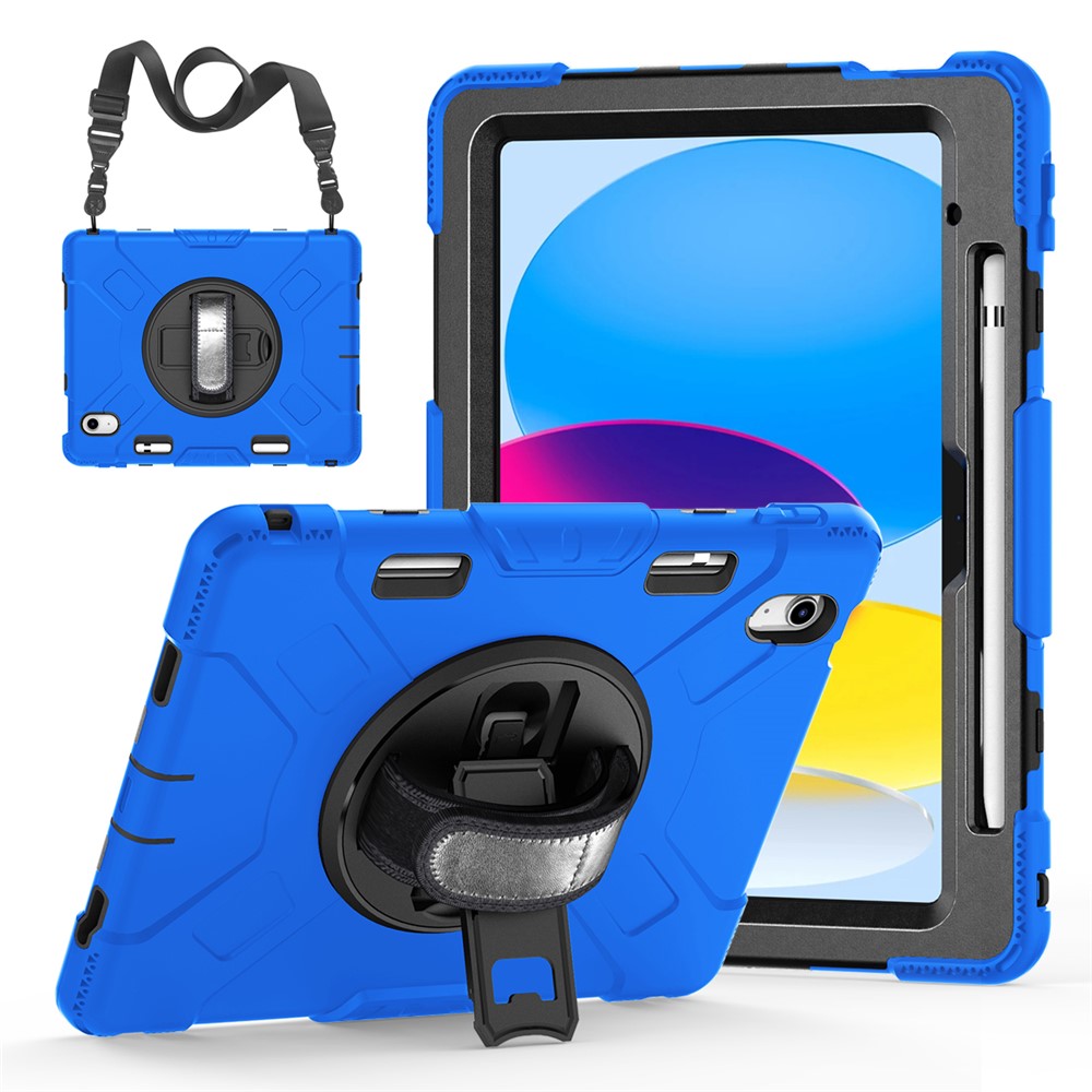 For iPad (2025) / 10.9 (2022) Shockproof Kickstand Case PC+Silicone Tablet Cover with Shoulder Strap - Blue