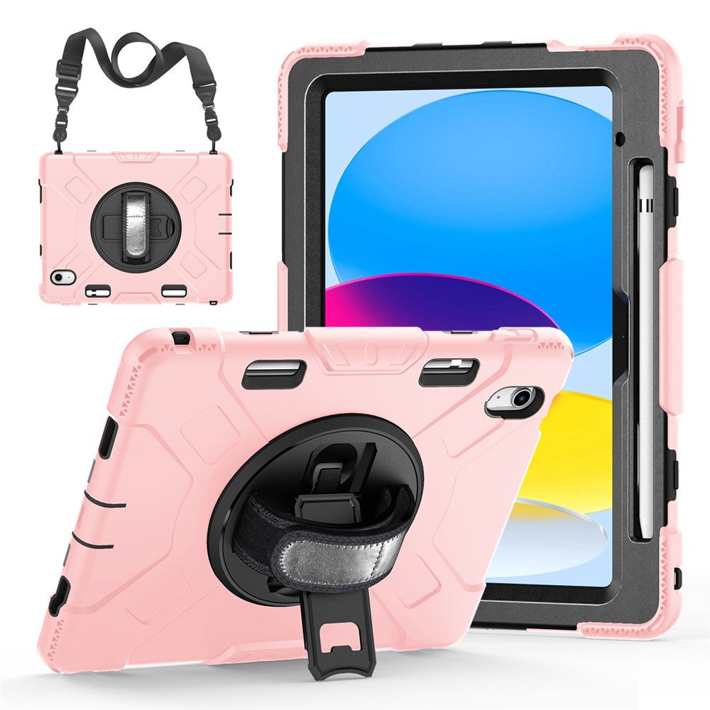 For iPad (2025) / 10.9 (2022) Shockproof Kickstand Case PC+Silicone Tablet Cover with Shoulder Strap - Rose Gold