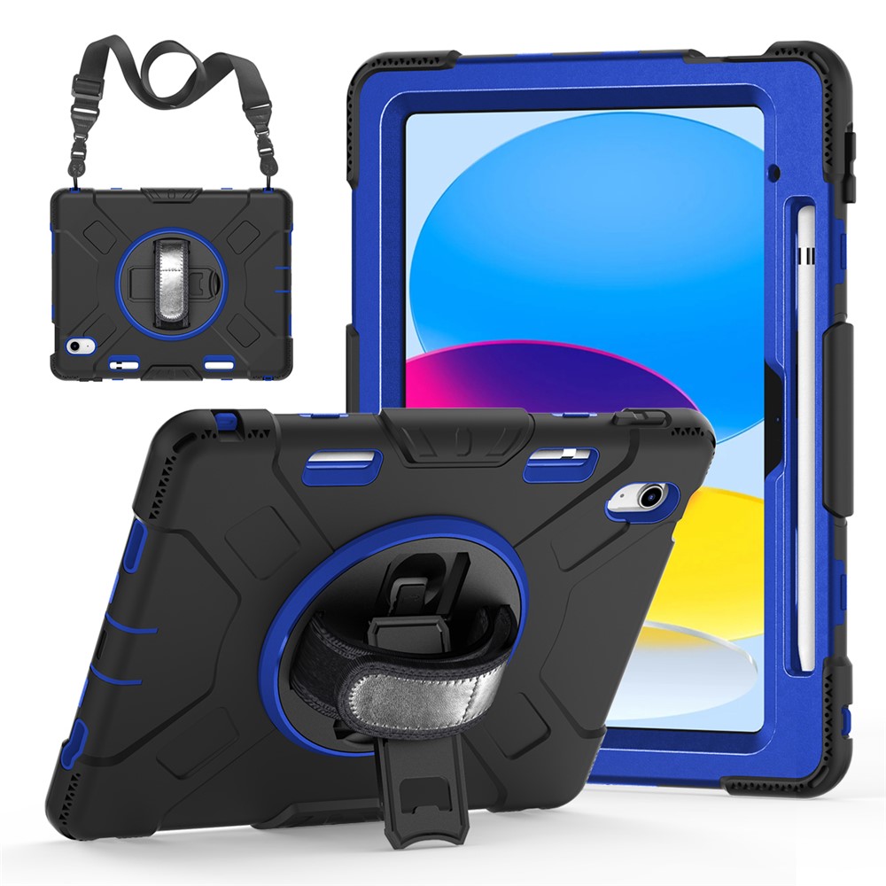 For iPad (2025) / 10.9 (2022) Shockproof Kickstand Case PC+Silicone Tablet Cover with Shoulder Strap - Dark Blue PC