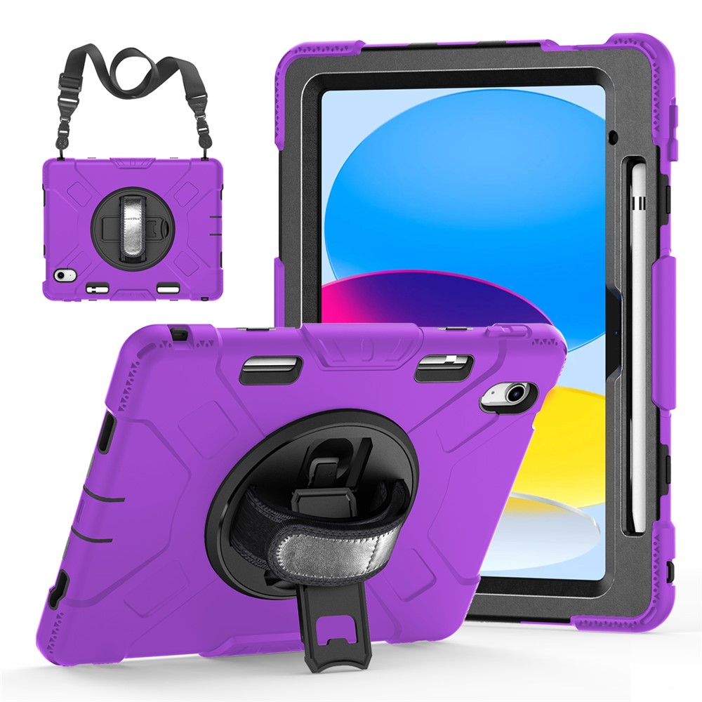 For iPad (2025) / 10.9 (2022) Shockproof Kickstand Case PC+Silicone Tablet Cover with Shoulder Strap - Purple