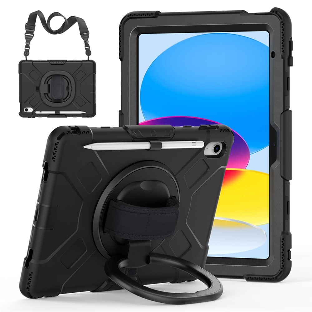 Shockproof Case for iPad (2025) / 10.9 (2022) Kickstand Tablet Case Style S1 PC+Silicone Cover with Shoulder Strap - Black