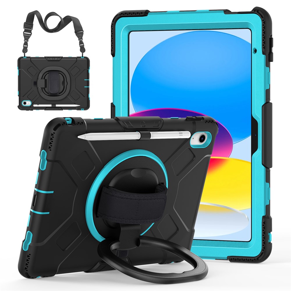 Shockproof Case for iPad (2025) / 10.9 (2022) Kickstand Tablet Case Style S1 PC+Silicone Cover with Shoulder Strap - Mint Green