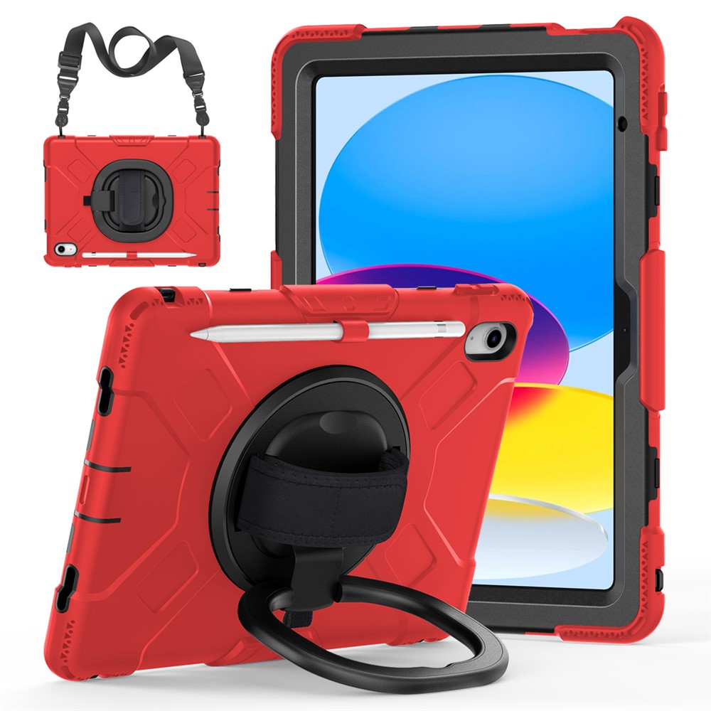 Shockproof Case for iPad (2025) / 10.9 (2022) Kickstand Tablet Case Style S1 PC+Silicone Cover with Shoulder Strap - Red