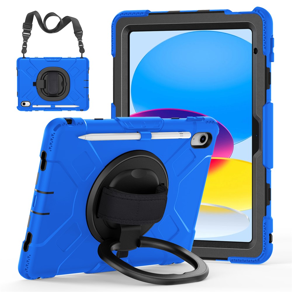 Shockproof Case for iPad (2025) / 10.9 (2022) Kickstand Tablet Case Style S1 PC+Silicone Cover with Shoulder Strap - Blue