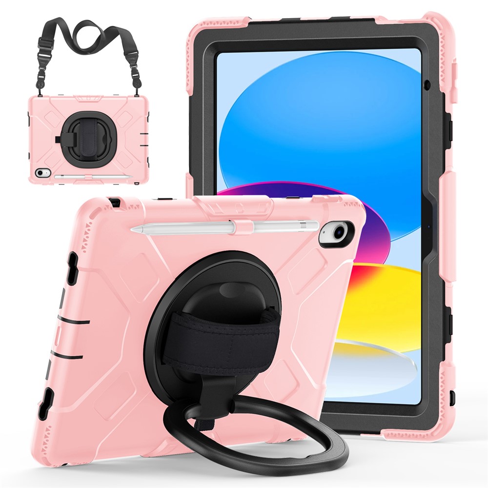 Shockproof Case for iPad (2025) / 10.9 (2022) Kickstand Tablet Case Style S1 PC+Silicone Cover with Shoulder Strap - Rose Gold