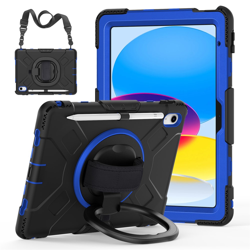 Shockproof Case for iPad (2025) / 10.9 (2022) Kickstand Tablet Case Style S1 PC+Silicone Cover with Shoulder Strap - Dark Blue PC