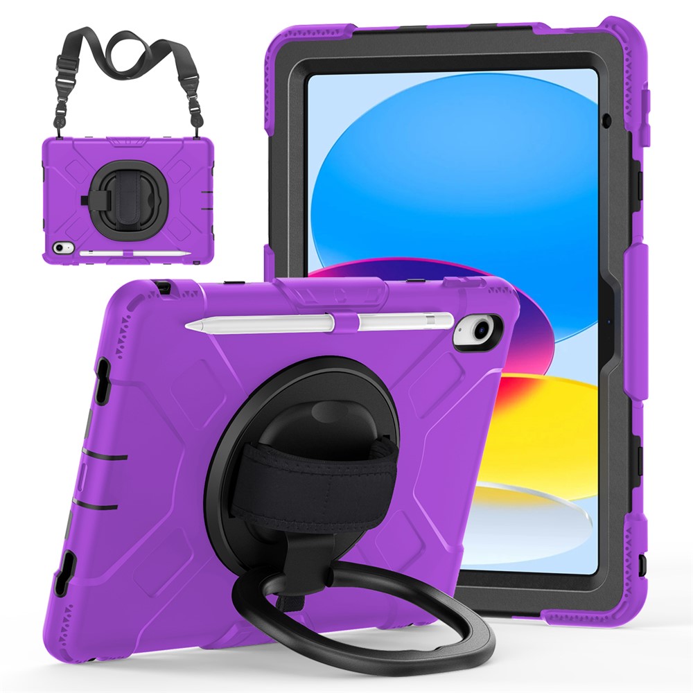 Shockproof Case for iPad (2025) / 10.9 (2022) Kickstand Tablet Case Style S1 PC+Silicone Cover with Shoulder Strap - Purple