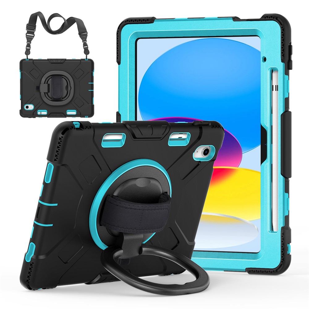 For iPad (2025) / 10.9 (2022) PC+Silicone Tablet Case Shockproof Rugged Kickstand Cover with Shoulder Strap / Pencil Holder - Mint Green
