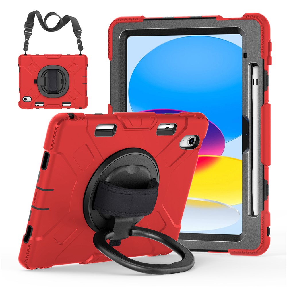 For iPad (2025) / 10.9 (2022) PC+Silicone Tablet Case Shockproof Rugged Kickstand Cover with Shoulder Strap / Pencil Holder - Red