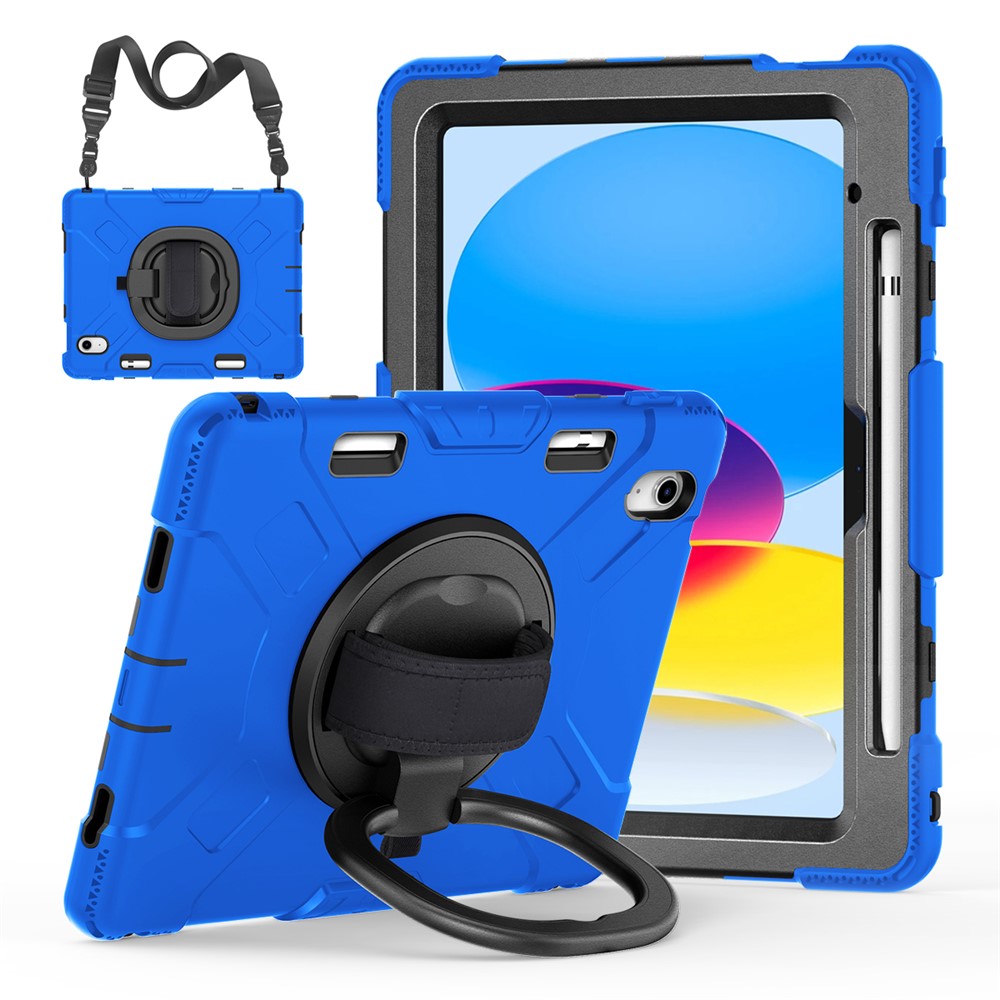 For iPad (2025) / 10.9 (2022) PC+Silicone Tablet Case Shockproof Rugged Kickstand Cover with Shoulder Strap / Pencil Holder - Blue