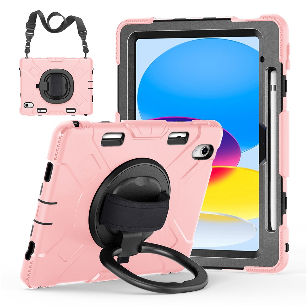 For iPad (2025) / 10.9 (2022) PC+Silicone Tablet Case Shockproof Rugged Kickstand Cover with Shoulder Strap / Pencil Holder - Rose Gold