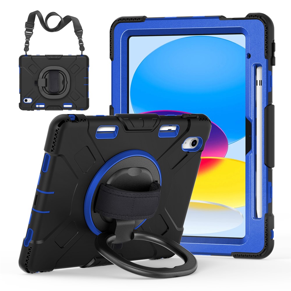 For iPad (2025) / 10.9 (2022) PC+Silicone Tablet Case Shockproof Rugged Kickstand Cover with Shoulder Strap / Pencil Holder - Dark Blue