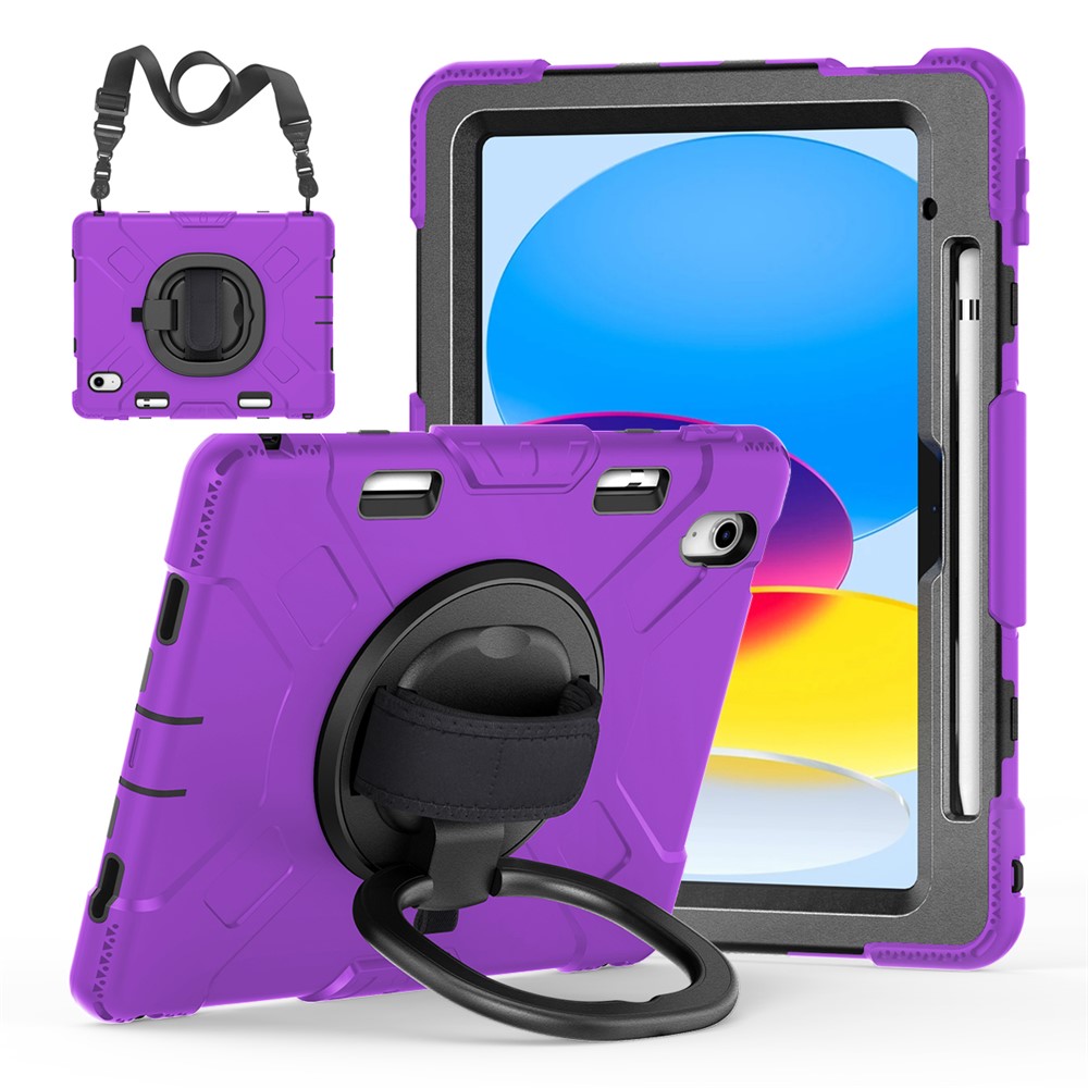 For iPad (2025) / 10.9 (2022) PC+Silicone Tablet Case Shockproof Rugged Kickstand Cover with Shoulder Strap / Pencil Holder - Purple