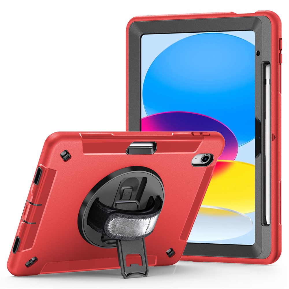 Kickstand Case for iPad (2025) / 10.9 (2022) TPU+PC Shockproof Anti-Drop Tablet Cover with PU Hand Strap, Pencil Slot - Red