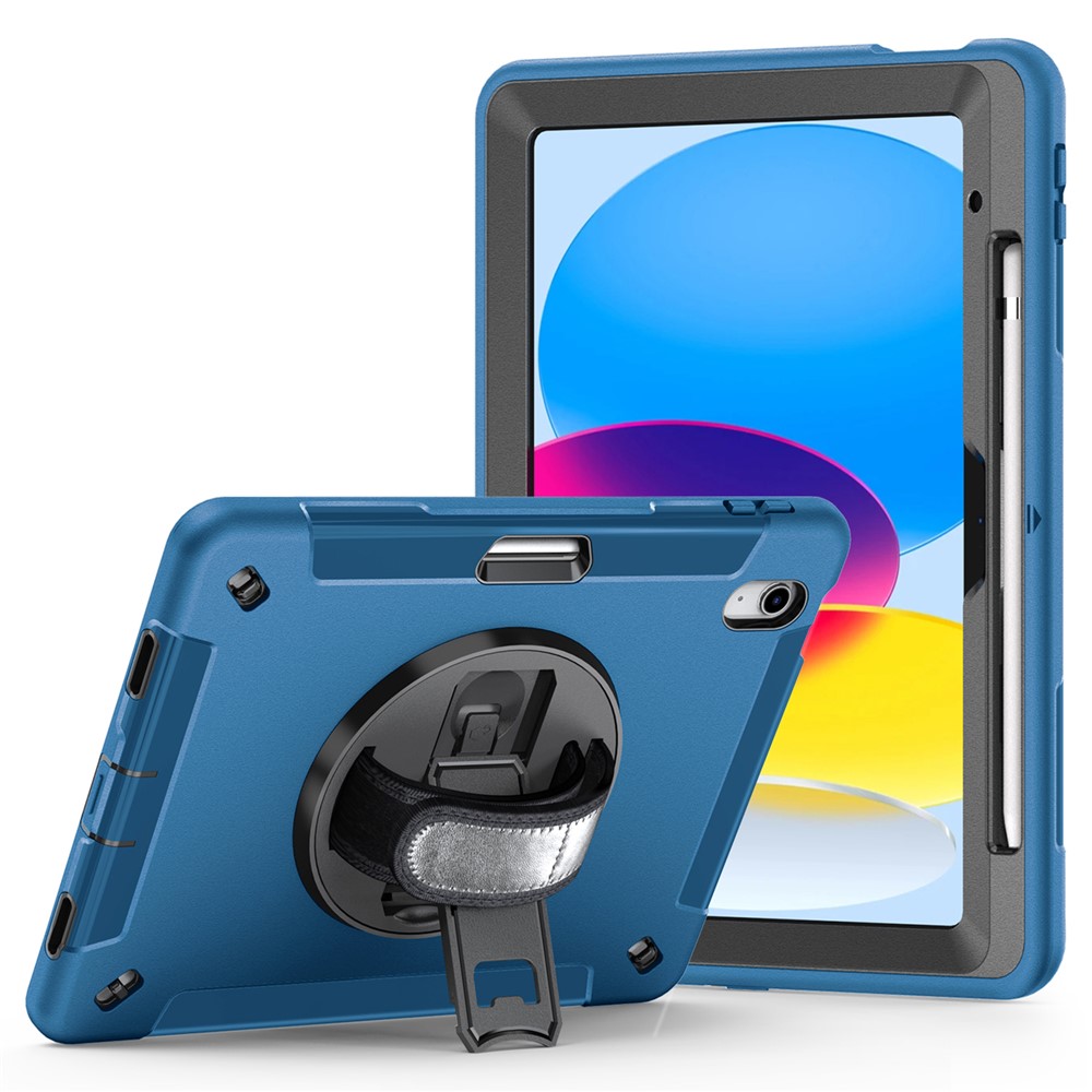 Kickstand Case for iPad (2025) / 10.9 (2022) TPU+PC Shockproof Anti-Drop Tablet Cover with PU Hand Strap, Pencil Slot - Blue