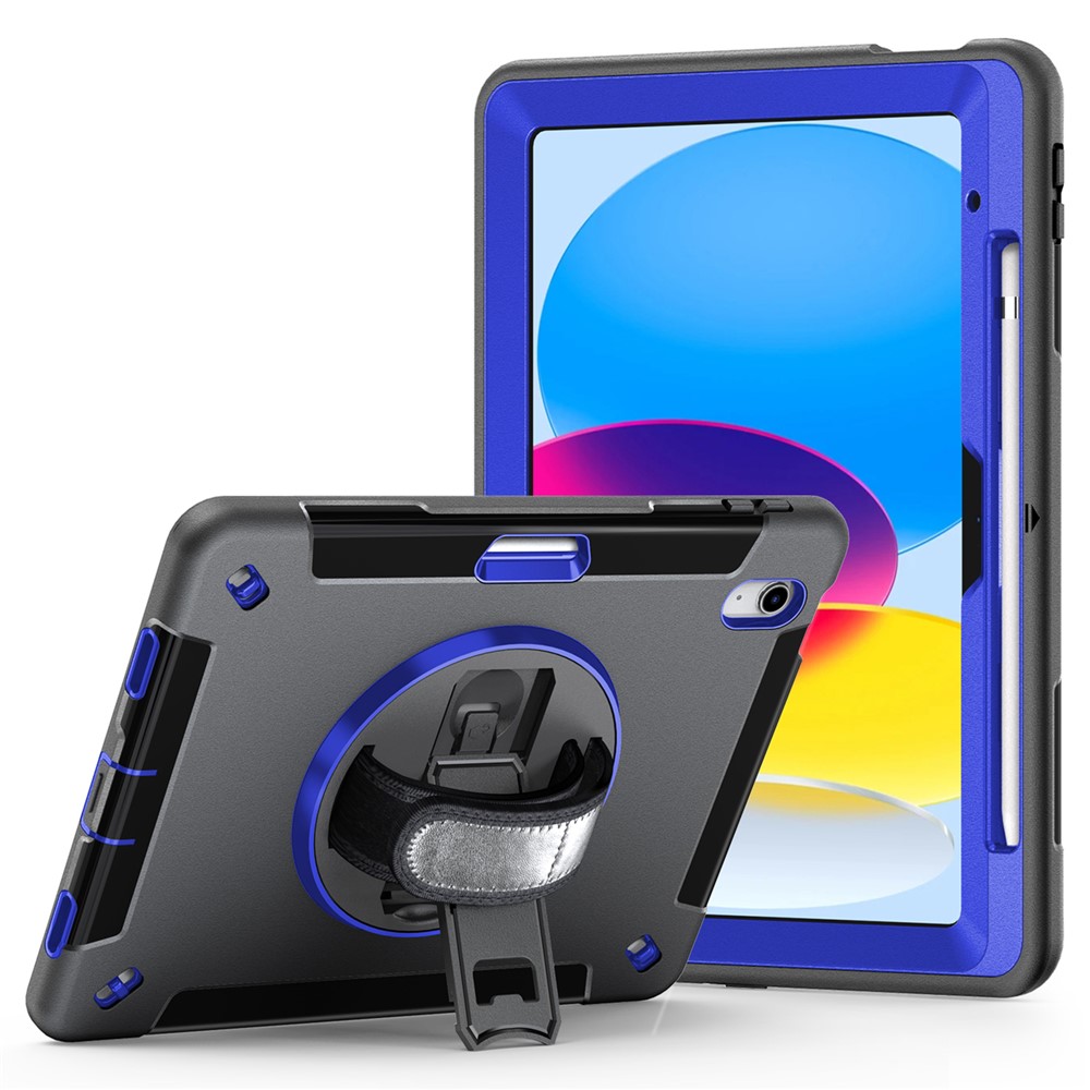 Kickstand Case for iPad (2025) / 10.9 (2022) TPU+PC Shockproof Anti-Drop Tablet Cover with PU Hand Strap, Pencil Slot - Dark Blue PC