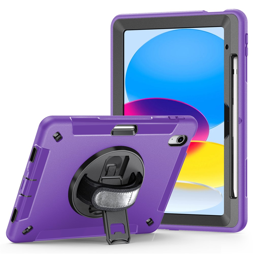 Kickstand Case for iPad (2025) / 10.9 (2022) TPU+PC Shockproof Anti-Drop Tablet Cover with PU Hand Strap, Pencil Slot - Purple