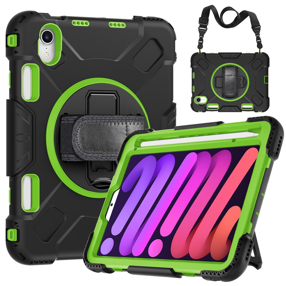 For iPad mini (2024) / mini (2021) PC+Silicone Tablet Case Protective Kickstand Cover with Pen Slot / Shoulder Strap - Fruit Green