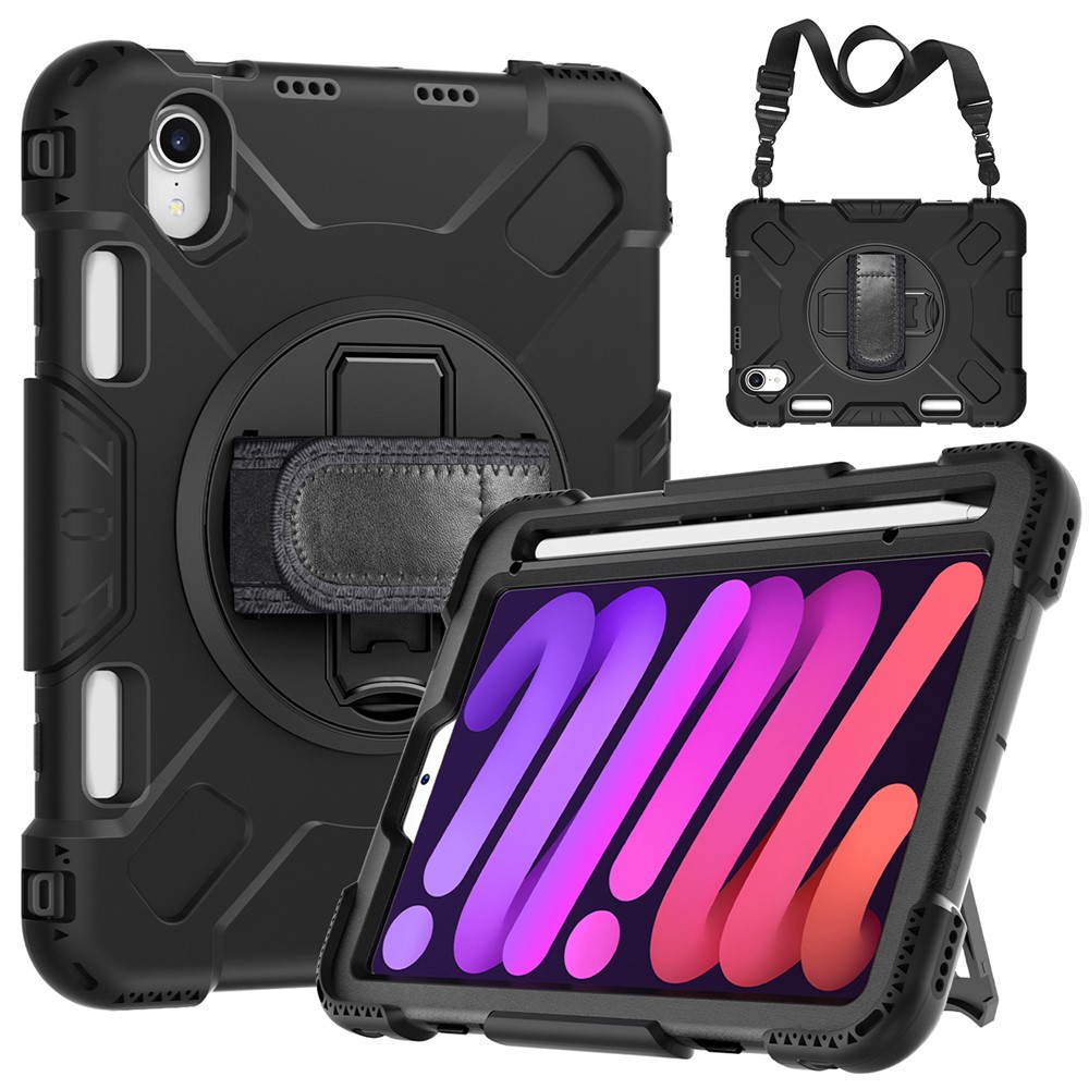For iPad mini (2024) / mini (2021) PC+Silicone Tablet Case Protective Kickstand Cover with Pen Slot / Shoulder Strap - Black