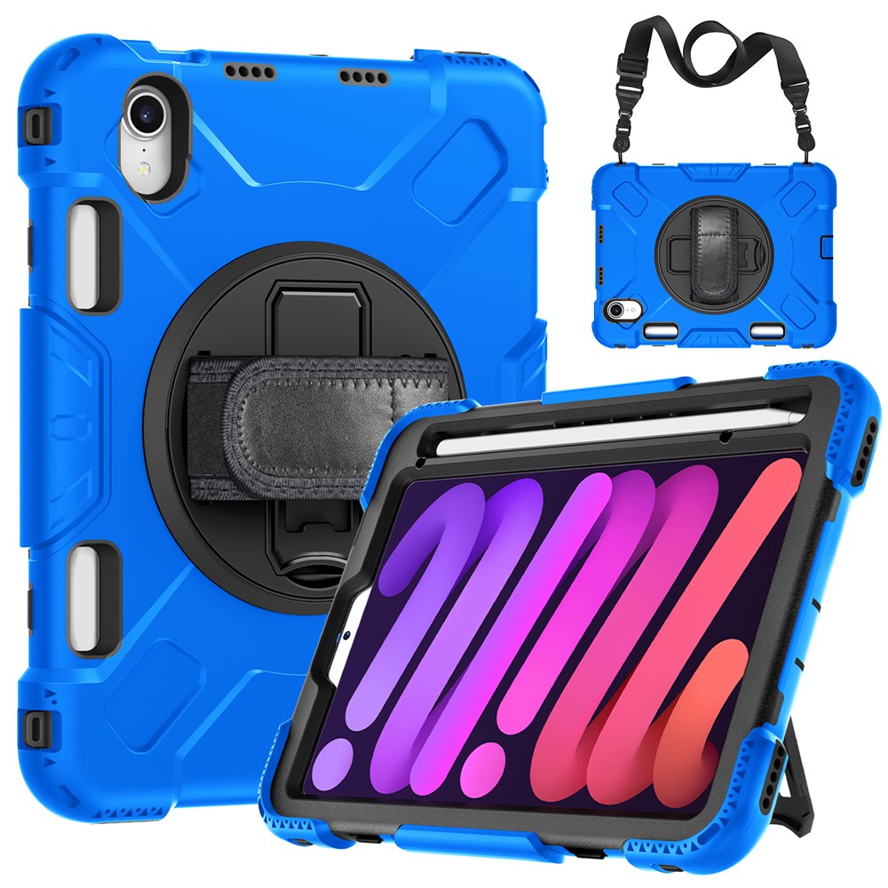 For iPad mini (2024) / mini (2021) PC+Silicone Tablet Case Protective Kickstand Cover with Pen Slot / Shoulder Strap - Blue