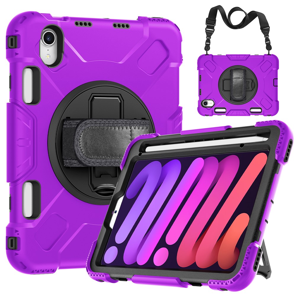 For iPad mini (2024) / mini (2021) PC+Silicone Tablet Case Protective Kickstand Cover with Pen Slot / Shoulder Strap - Purple