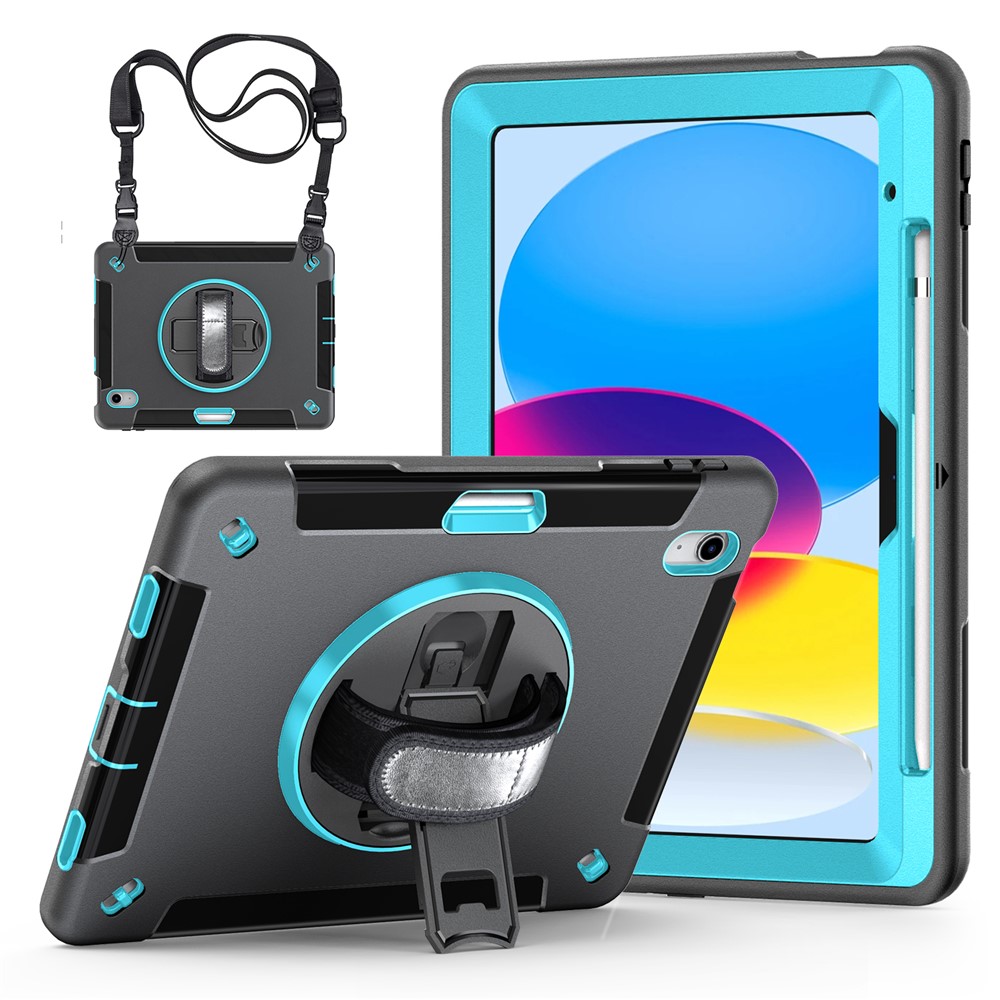 Anti-Drop Kickstand Case for iPad (2025) / 10.9 (2022) Pencil Slot TPU+PC Tablet Cover with Shoulder Strap - Mint Green PC