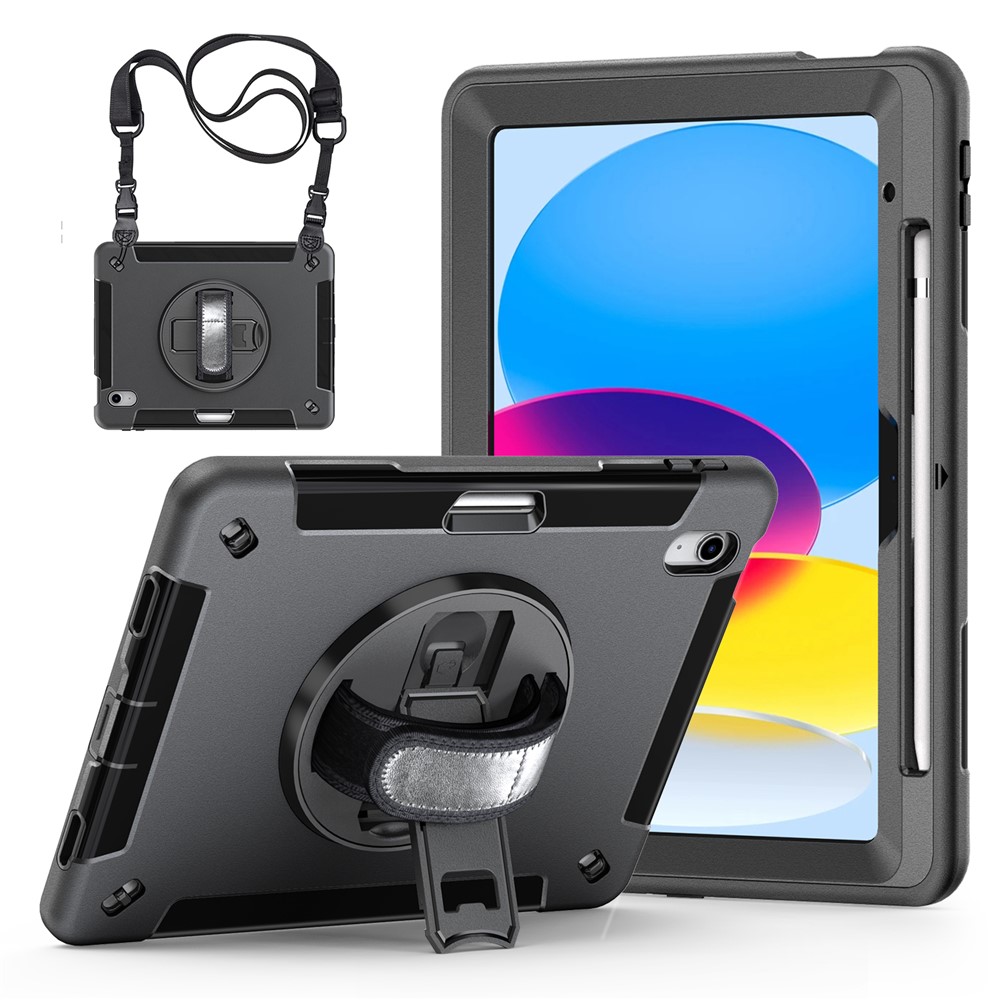 Anti-Drop Kickstand Case for iPad (2025) / 10.9 (2022) Pencil Slot TPU+PC Tablet Cover with Shoulder Strap - Black