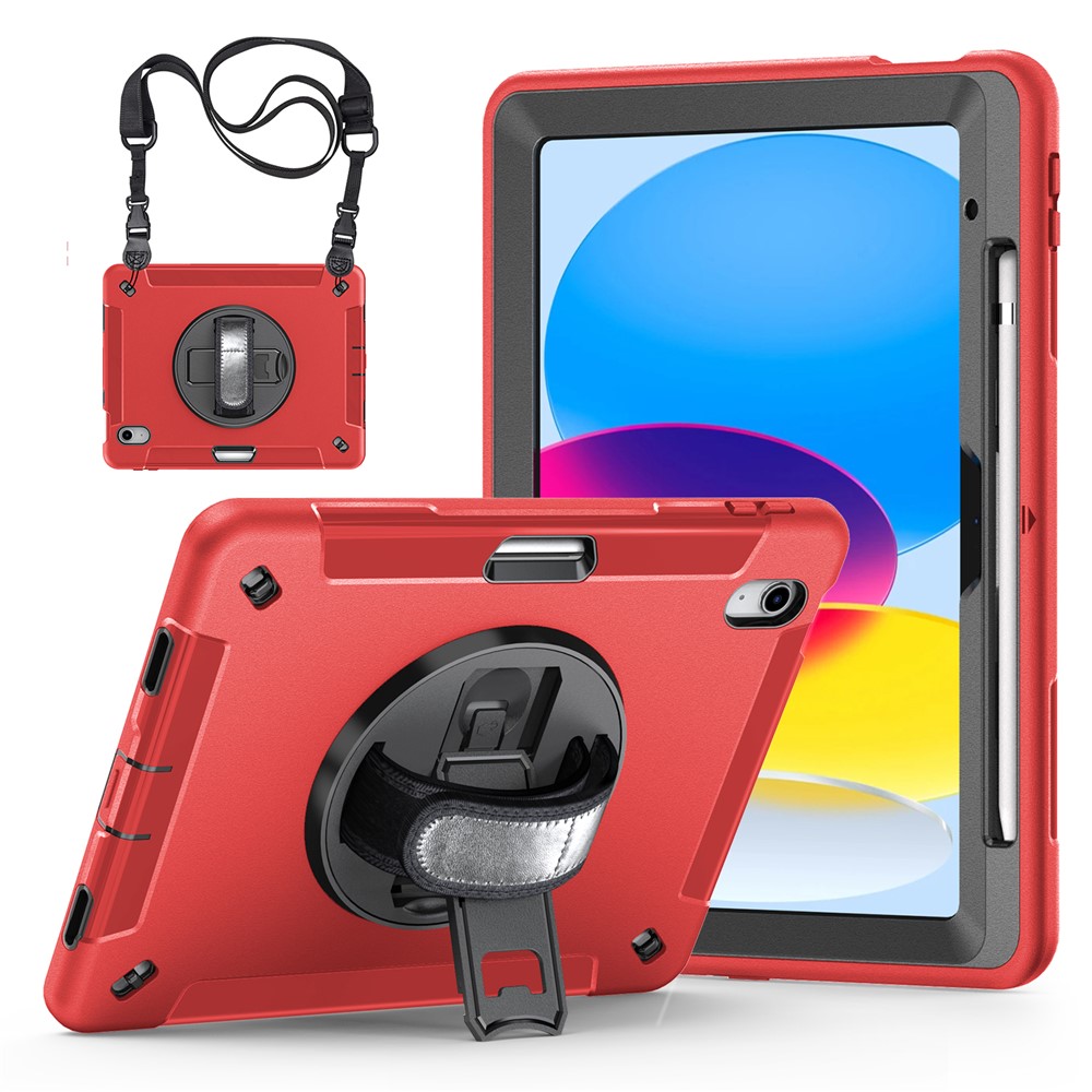 Anti-Drop Kickstand Case for iPad (2025) / 10.9 (2022) Pencil Slot TPU+PC Tablet Cover with Shoulder Strap - Red