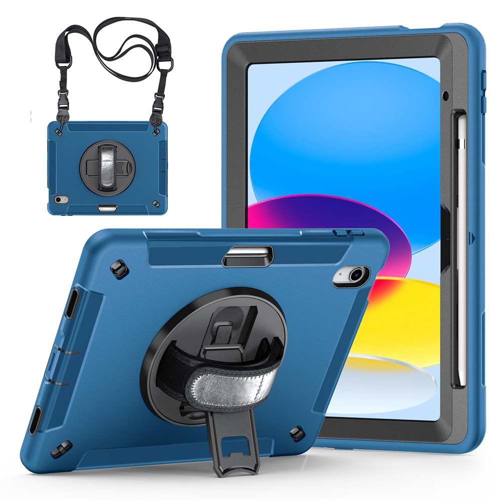Anti-Drop Kickstand Case for iPad (2025) / 10.9 (2022) Pencil Slot TPU+PC Tablet Cover with Shoulder Strap - Blue
