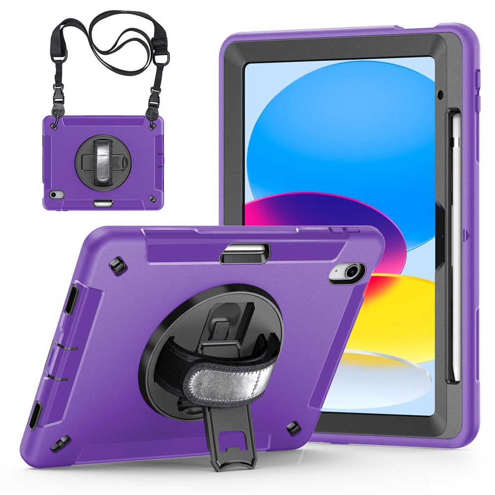 Anti-Drop Kickstand Case for iPad (2025) / 10.9 (2022) Pencil Slot TPU+PC Tablet Cover with Shoulder Strap - Purple