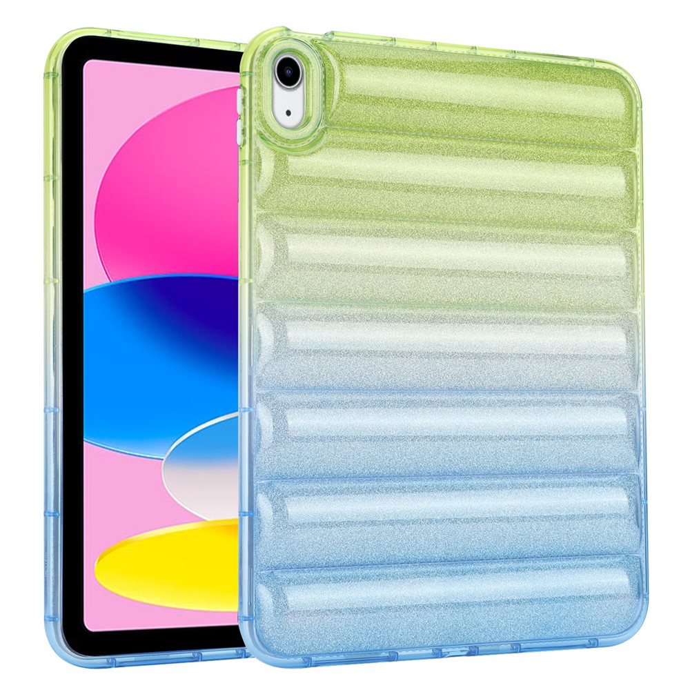 For iPad (2025) / 10.9 (2022) Soft TPU Tablet Case Gradient Glitter Down Jacket Design Anti-Drop Cover - Green / Blue