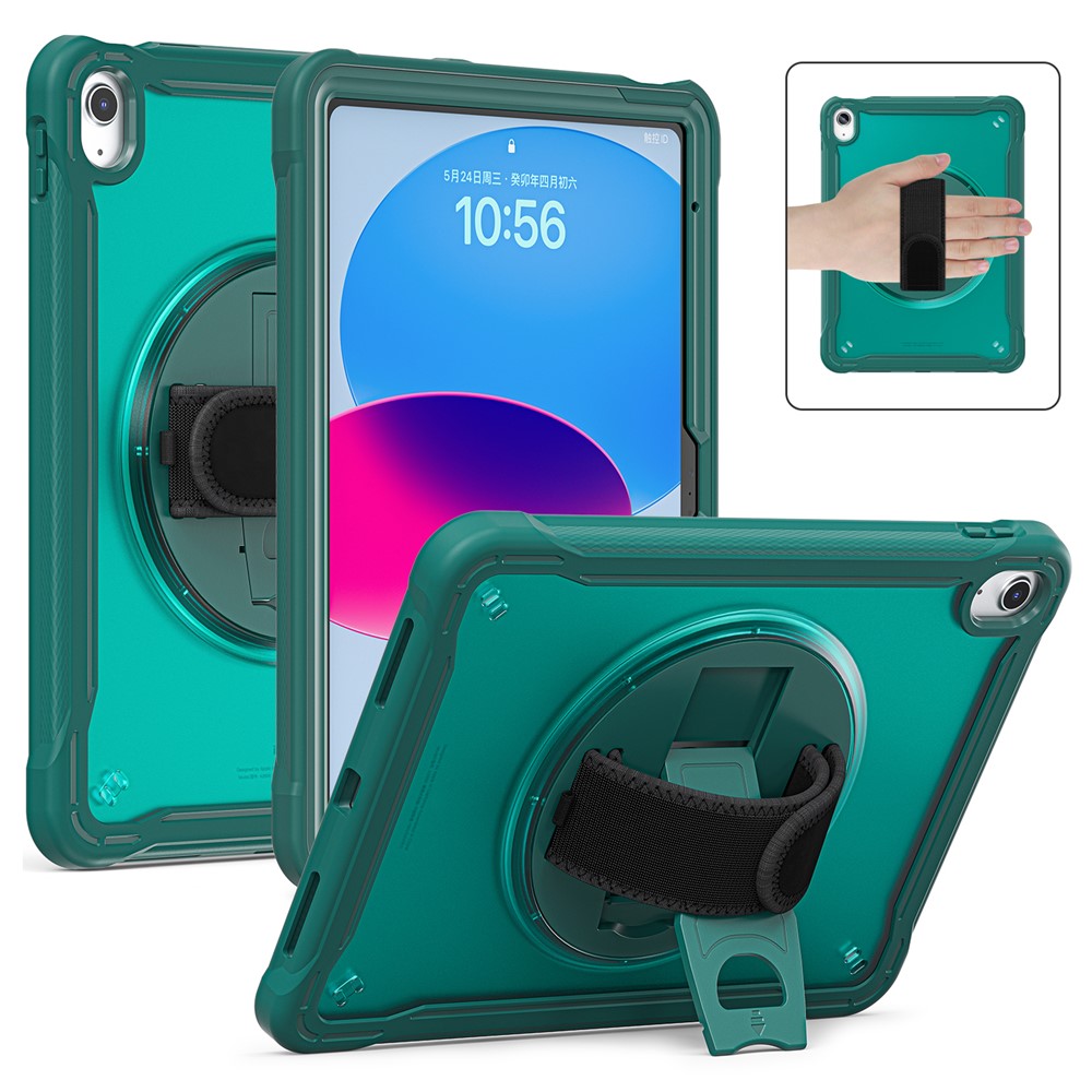 Kickstand Tablet Case for iPad (2025) / 10.9 (2022) Rotary Hand Strap TPU+PC Tablet Cover - Midnight Green