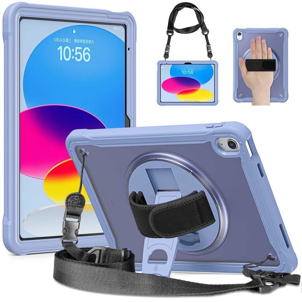 For iPad (2025) / 10.9 (2022) 360-Degree Swivel Kickstand PC+TPU Cover Hand Strap Design Tablet Case with Shoulder Strap - Lavender Gray