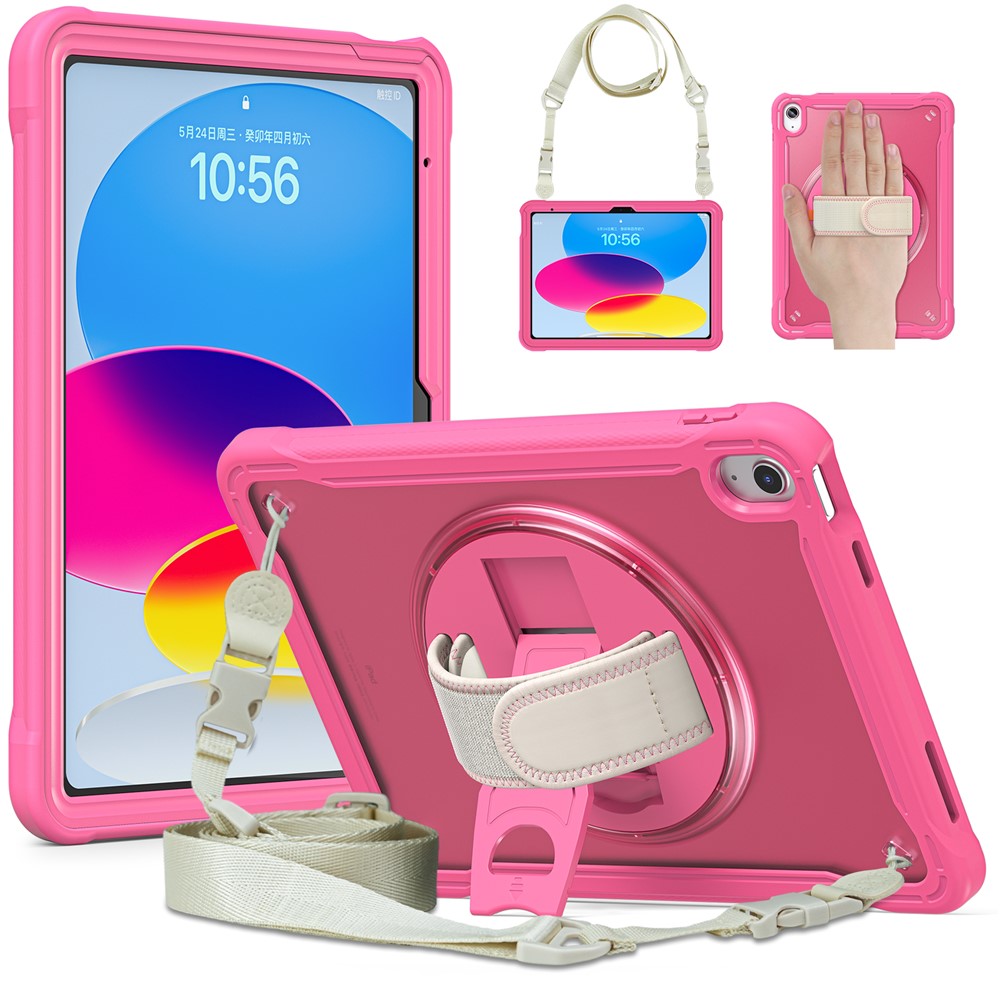 For iPad (2025) / 10.9 (2022) 360-Degree Swivel Kickstand PC+TPU Cover Hand Strap Design Tablet Case with Shoulder Strap - Rose