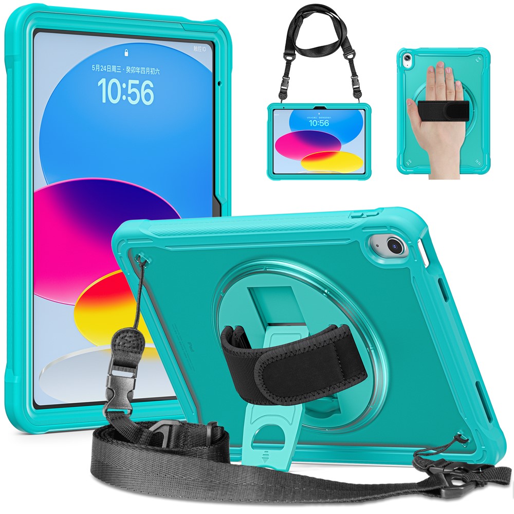 For iPad (2025) / 10.9 (2022) 360-Degree Swivel Kickstand PC+TPU Cover Hand Strap Design Tablet Case with Shoulder Strap - Light Blue