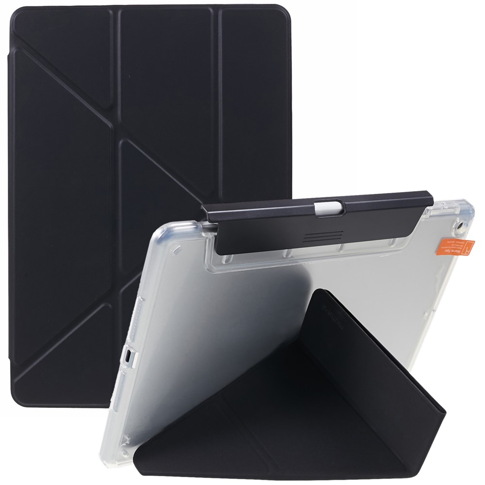 MUTURAL Tablet Case for iPad 10.2 (2021) / (2020) / (2019) , PU Leather Transparent Back Origami Stand Cover with Detachable Pencil Holder - Black
