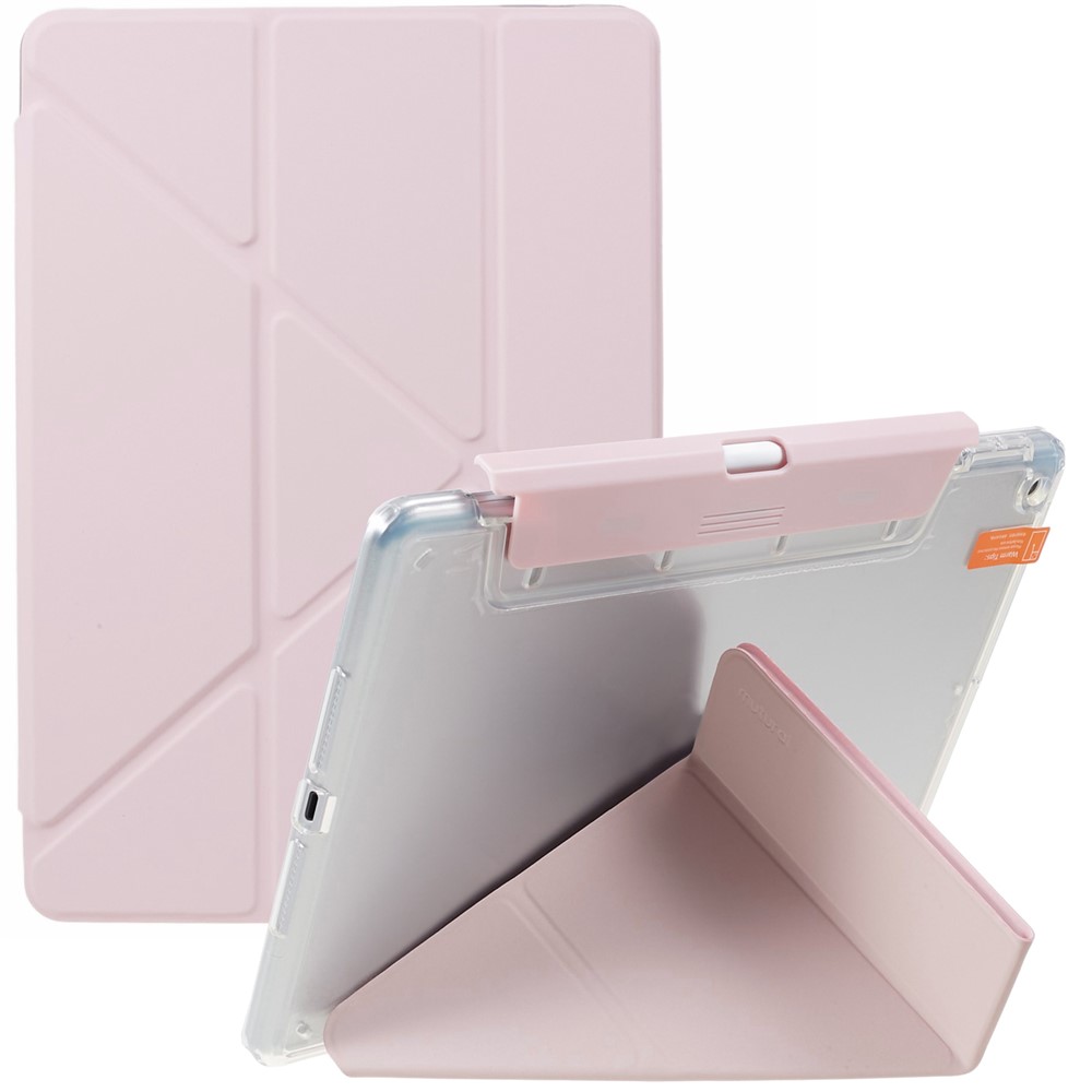 MUTURAL Tablet Case for iPad 10.2 (2021) / (2020) / (2019) , PU Leather Transparent Back Origami Stand Cover with Detachable Pencil Holder - Pink