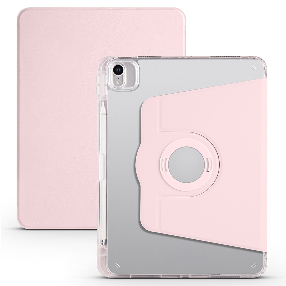 For iPad Pro 11 (2021) / (2020) / (2022) / iPad Air (2020) / (2022) Rotating Stand Tablet Cover PU Leather TPU Crystal Clear Back Case - Pink