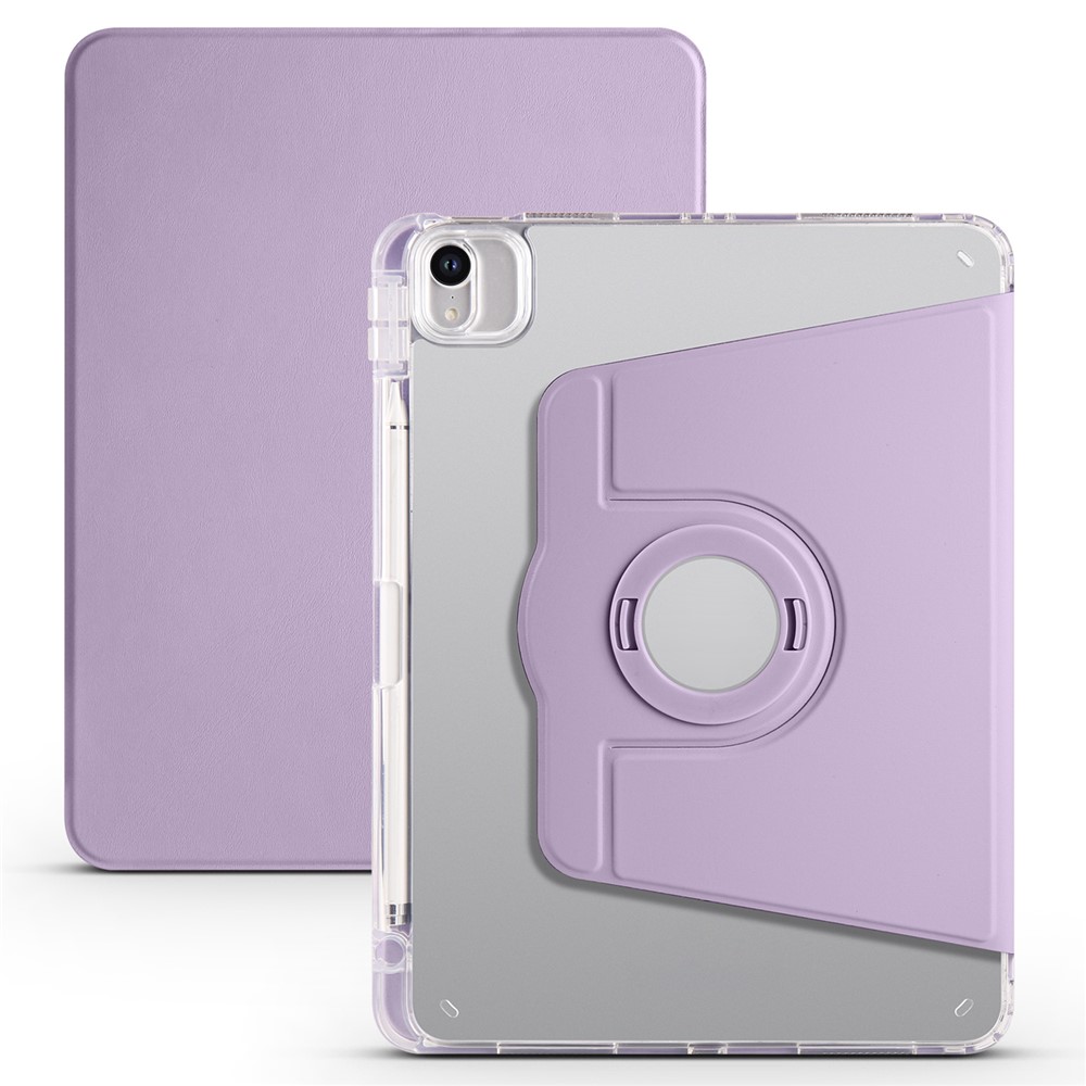 For iPad Pro 11 (2021) / (2020) / (2022) / iPad Air (2020) / (2022) Rotating Stand Tablet Cover PU Leather TPU Crystal Clear Back Case - Light Purple
