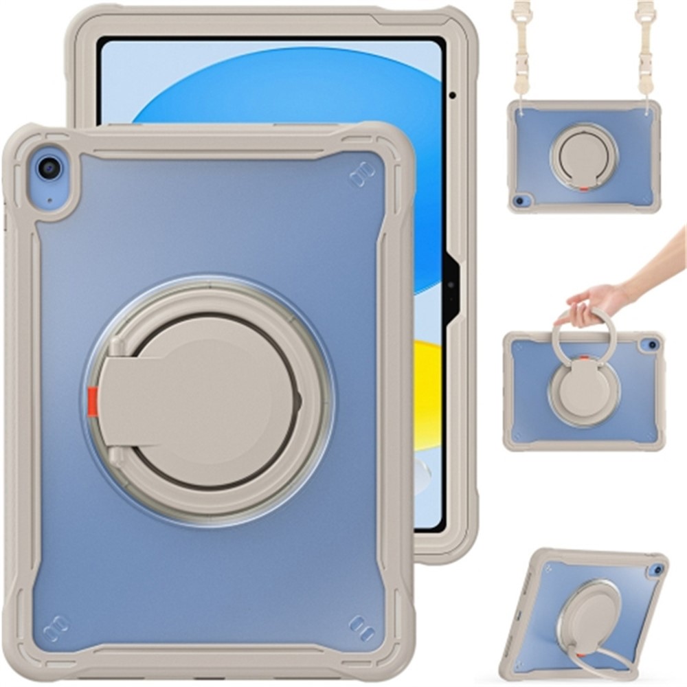 For iPad (2025) / 10.9 (2022) 360-Degree Rotating Kickstand PC+TPU Cover Shockproof Portable Tablet Case with Shoulder Strap - Khaki