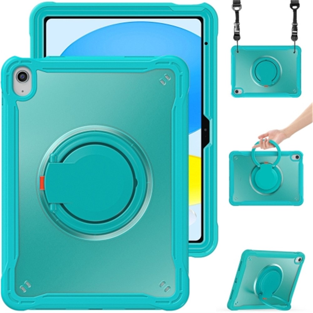 For iPad (2025) / 10.9 (2022) 360-Degree Rotating Kickstand PC+TPU Cover Shockproof Portable Tablet Case with Shoulder Strap - Baby Blue